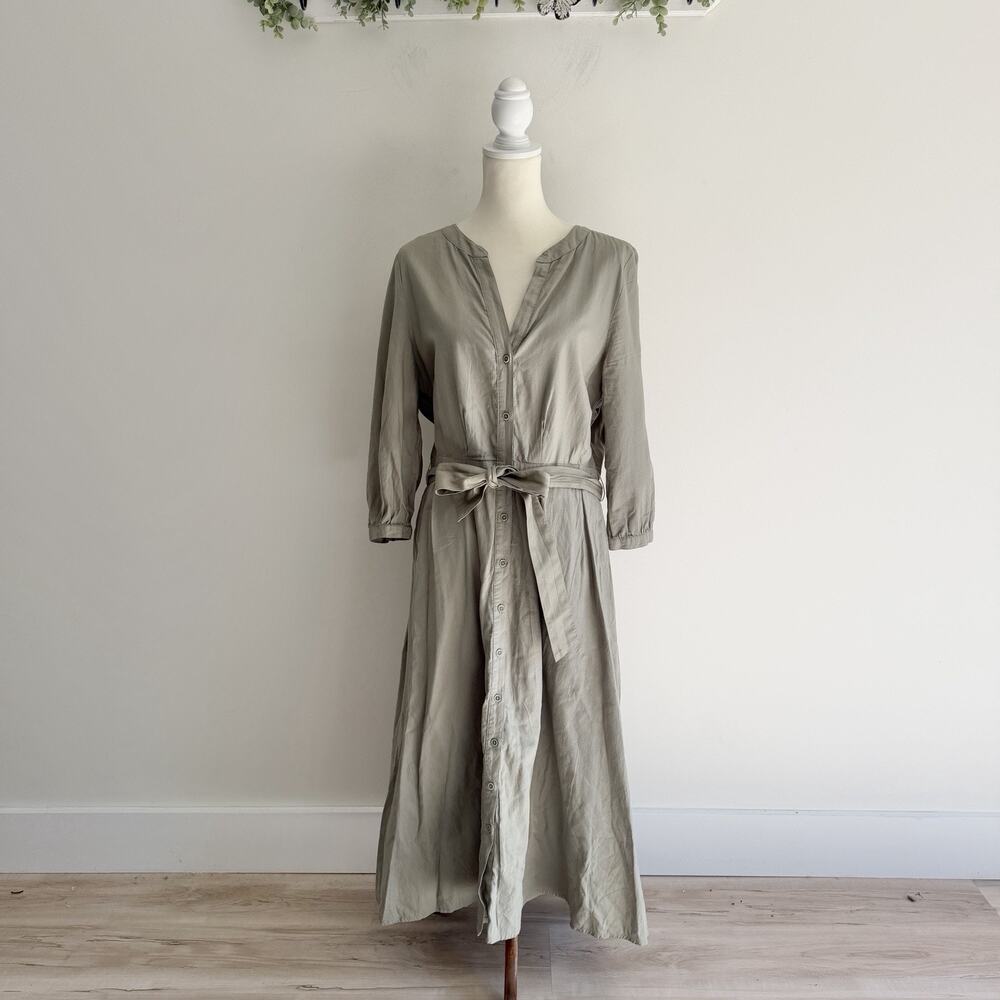 Pact Organic Cotton Green Long Sleeve Button Down Maxi Shirt Dress Large w70